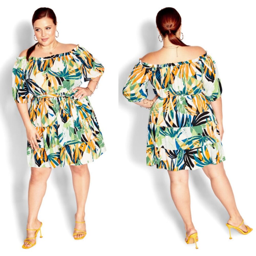 NWT City Chic Tropical Print On/Off Shoulder Mini Dress 20